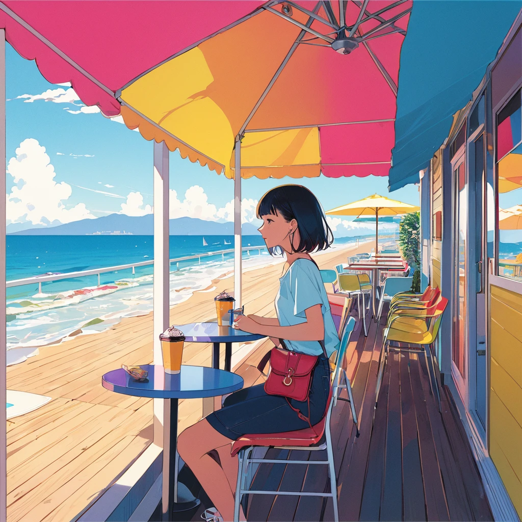 (masterpiece, best quality:1.1),90s record cover art,city-pop,title of the song is "end of summer",end of summer,cafe,wood deck,fashionable girl's Profile,seaside, inspired by Hiroshi Nagai cmyk palette,illustration by Hisashi Eguchi,(white outline),