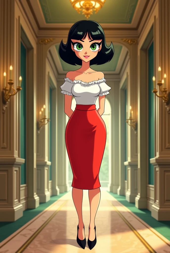 buttercup from the powerpuff girls in a mansion hallway, black bob hair, green eyes, white ruffle off-shoulder top, red pencil skirt, standing, hands behind back, black high heels, focused, smile, 2D illustration, 2D art, 2D Background, Cartoon Network style