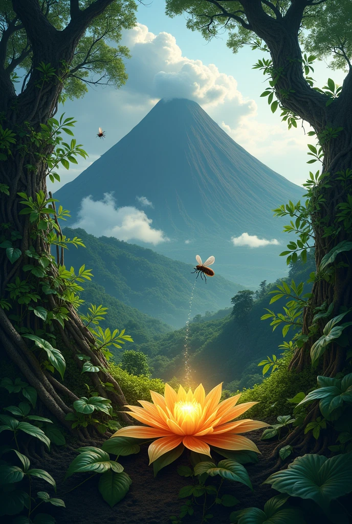 Create a Legend book cover that has the following: Tamarind plant (Sampalok), Mayon Volcano, Magical flower, and Mosquito
