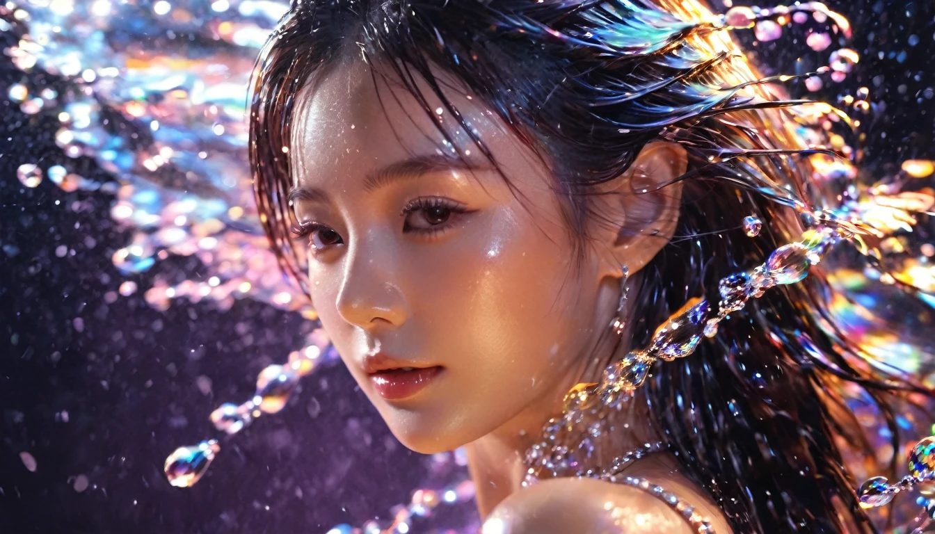 best quality, Masterpiece, height,1 girl,Beautiful face, bare, bareเปล่า, colorful, explosion painting, art station, concept art, smooth, Sharp focus, illustration, Dreamy magical atmosphere, งานศิลปะโดย Artgerm และ Gregor Rutkowski และ Alphonse Mucha