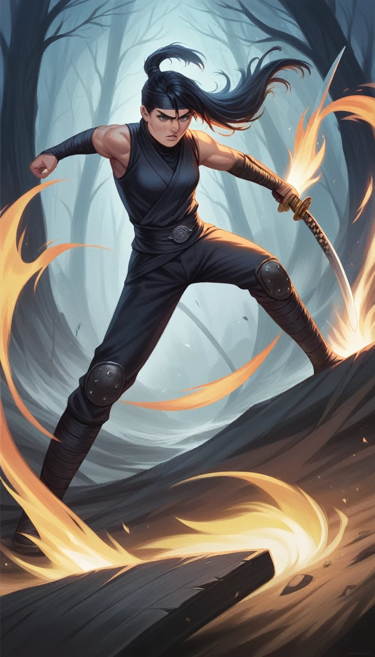 (photorealism:1.2), ninja, standing in a fighting pose, weilding shield and katana, fighting flaming       angel, wearing black ninja atire, grey lighting, bambo  forest in background, dark stormy rainy night,   fight, realistic, intricate details, warm colors, by Greg Rutkowski, by Alphonse Mucha