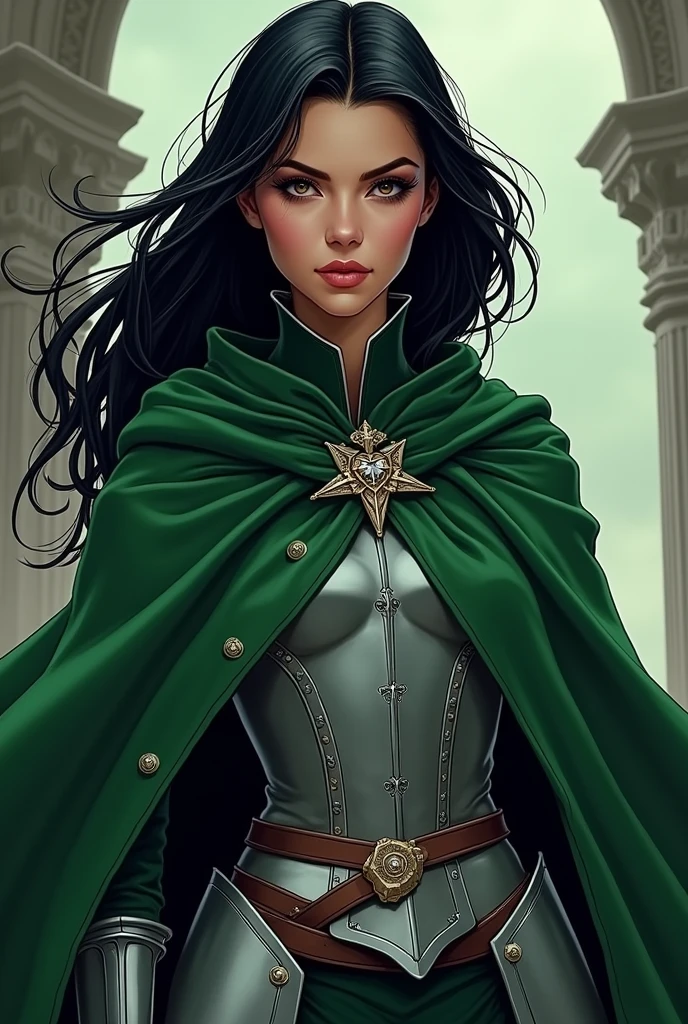 (BD style) (medieval fantasy) young woman, black hair, green cape, metal armor under the cape