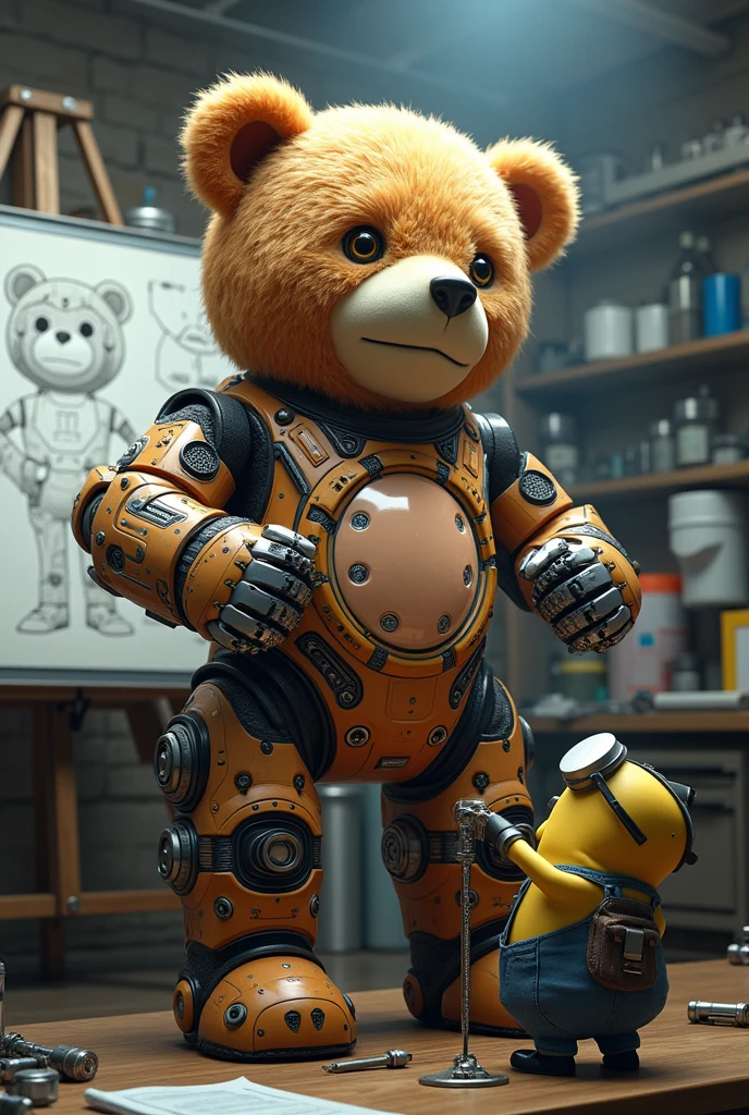 Minion Stuart is working hard at a lab table full of scientific tools and accessories. The whiteboard behind has cybernetic teddy bear design sketches. Stuart is highly focused,. hands move quickly, weld and assemble components to build a large cybernetic teddy bear, complicated.
