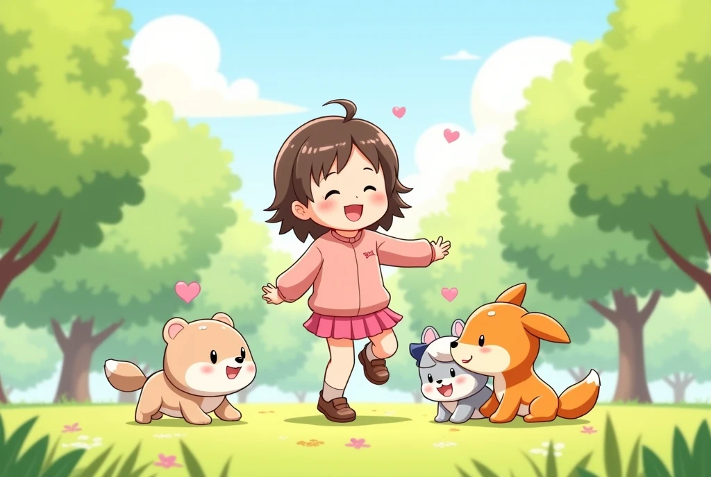 a girl playing happily with a group of friends in a park, cartoon, cute cartoon, cute cartoon style, motherly love, cute illustration, clean anime art, simple background