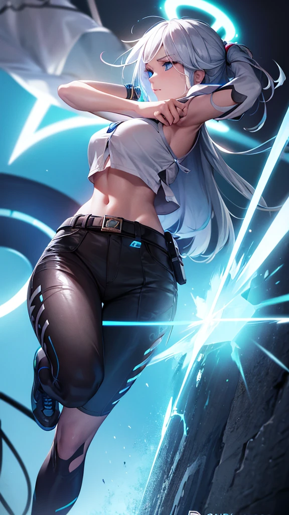 A girl in the style of the free fire game, wearing the free fire Angélical pants, white hair, blue eyes, neon illuminated powers, for profile and Nick name imagem nitida olhando pra frente,garota anime