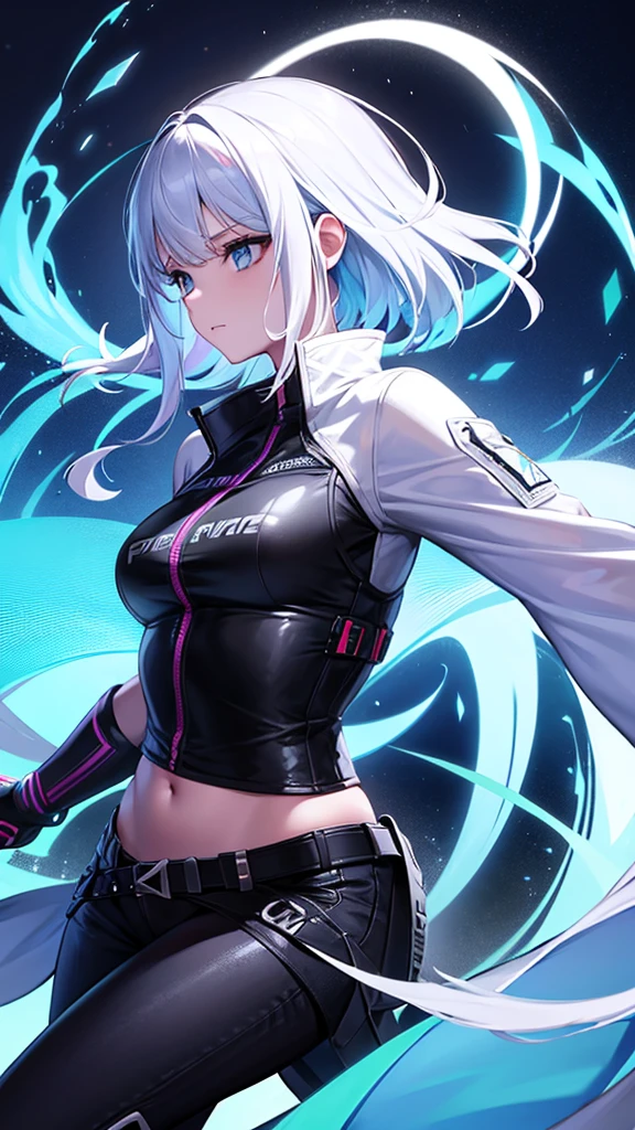 A girl in the style of the free fire game, wearing the free fire Angélical pants, white hair, blue eyes, neon illuminated powers, for profile and Nick name imagem nitida olhando pra frente,garota anime