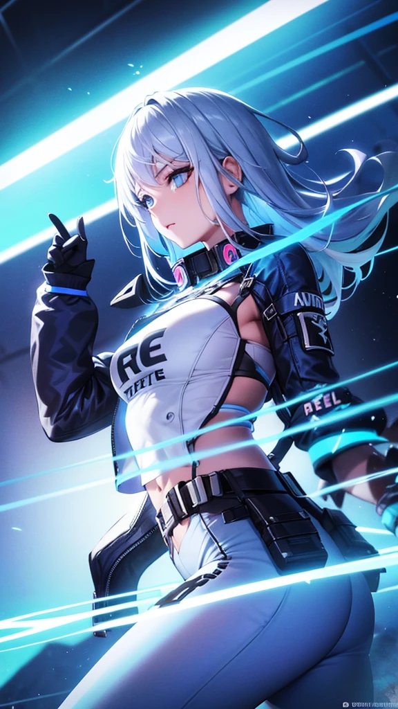 A girl in the style of the free fire game, wearing the free fire Angélical pants, white hair, blue eyes, neon illuminated powers, for profile and Nick name imagem nitida olhando pra frente,garota anime