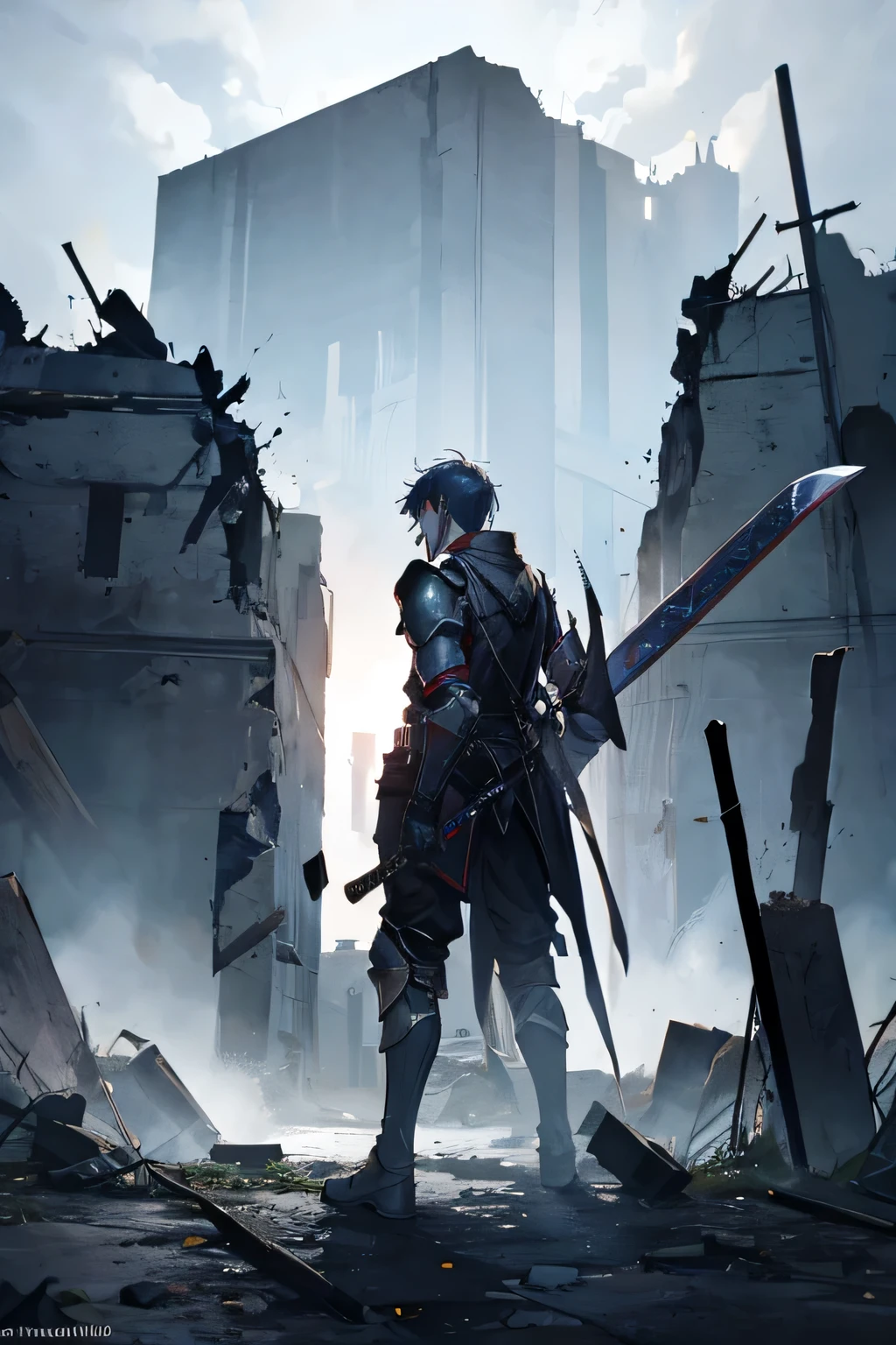 A male guardian warriors in pitch black armor holding swords facing the ruins of the sky and scream