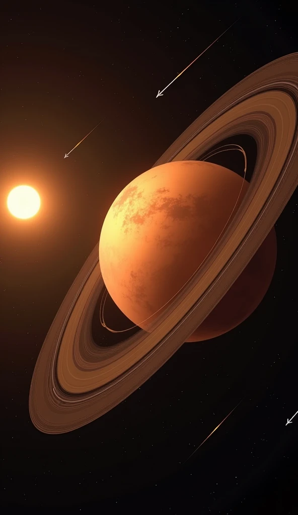 Show a glowing, cloud-covered Venus slowly rotating in space. The Sun is shown far in the distance, with its light hitting the planet. Indicate the long passage of time by incorporating a time-lapse of the Sun's movement around Venus, illustrating the concept that one Venusian day lasts longer than its year. Use arrows or lines to demonstrate the planet’s slow, retrograde rotation.