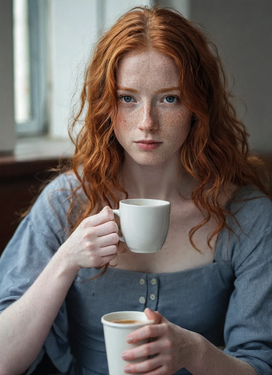 1 girl in, edad19, Alone, aesthetic work, irish redhead, ginger wavy hair, shoulder length red hair, grey eyes, light gray eyes, some small freckles, Pale skin, A-cup, small breasts, running corps, (textured skin, skin pores:1.1), (moles:0.8), imperfect skin, Goosebumps, sitting drinking coffee, drinking coffee, (Extremely detailed 8K wallpaper), Soft lighting, high quality, film grain, Fujifilm XT3 Sharp Focus, f 5.6, 50mm, High detail, sharp focus,(natural light), with a navy blue dress, hyperdetailed