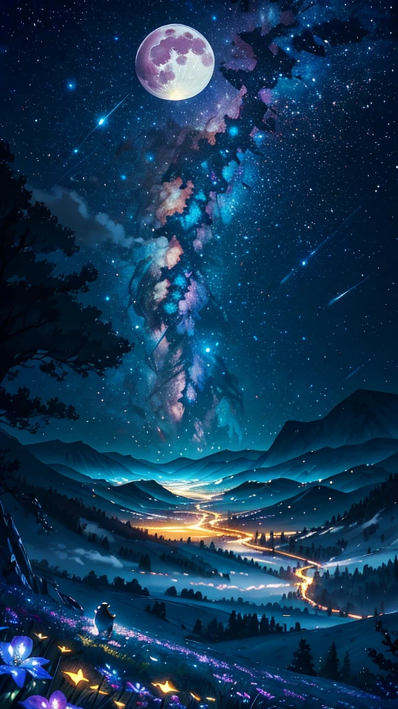 Expansive landscape photograph, (view from below with a view of the sky and the wilderness below), little white bear standing in a flower field looking up, (full moon: 1.2), (shooting star: 0.9), (nebula: 1.3), a distant mountain, tree break production art, (warm light source: 1.2), (firefly: 1.2), lamp, purple and orange, intricate detail, volume lighting BREAK (masterpiece: 1.2), (highest quality ), 4k, ultra-detailed, (dynamic configuration: 1.4), highly detailed and colorful details (iridescent: 1.2), (sparkling lighting, atmospheric lighting), dreamy, magical, (solo: 1.2)