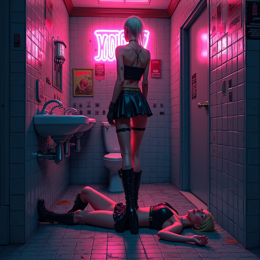 Beautiful bald girl in punk clothes and a satin skirt in high boots and torn stockings with a drunk blonde girl in a neon club on the floor in the toilet