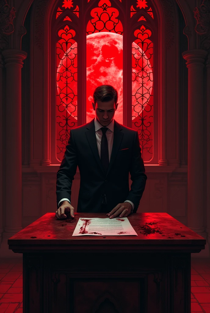a blood-colored moon reflects through the windows, inside an old chapel with altar, first person perspective of man in suit signing a contract in blood