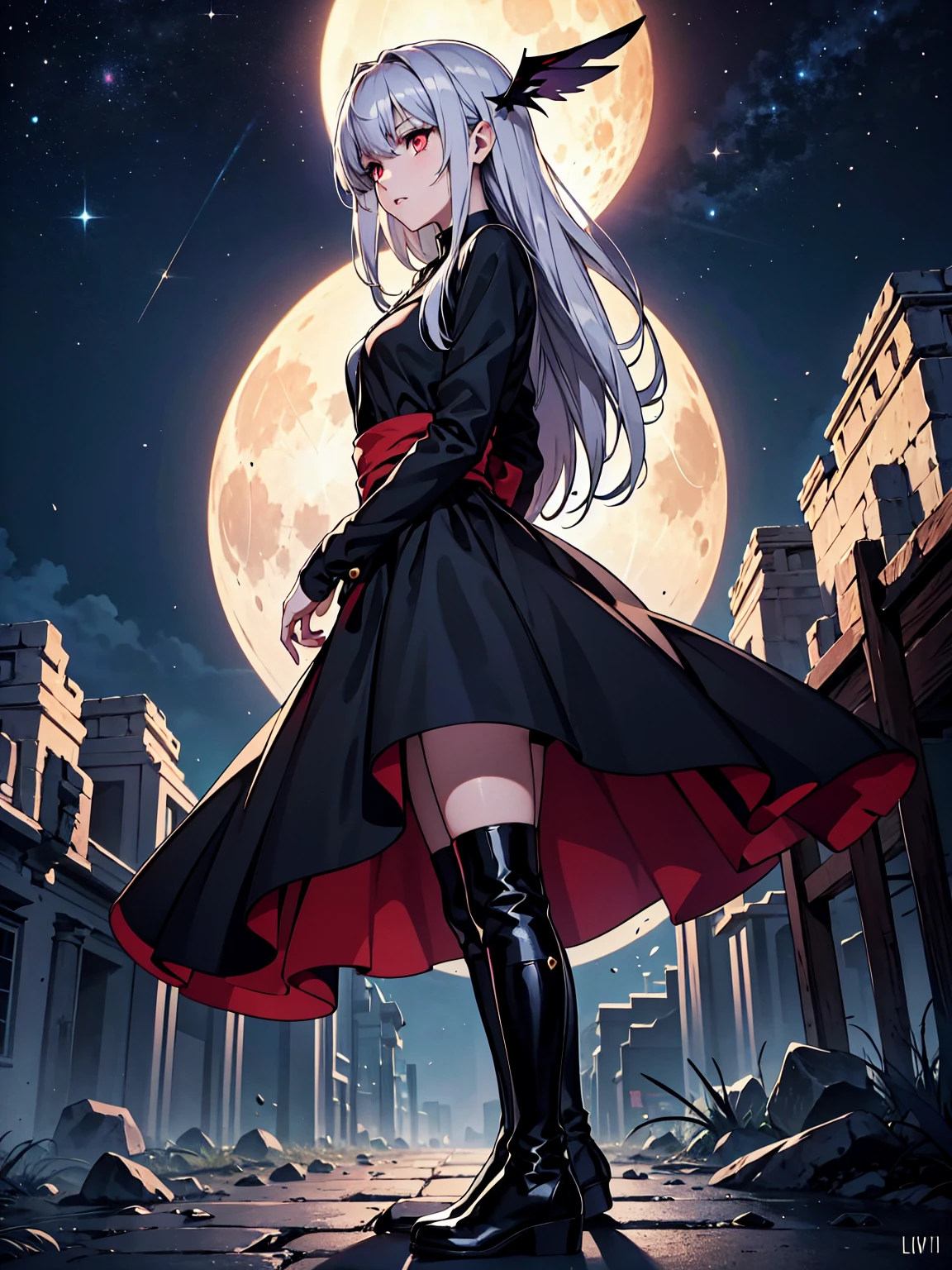 A 20-year-old girl with long silver hair down to her waist, red eyes, and a serious expression. She wears a black dress and tall black boots. Her skin is pale, and her lips are red. She exudes a dark aura. A shadowy monster lurks behind her. She stands in a combat stance, facing forward, with stones rising around her due to her power. The background is a starry night with a full moon in the distance, Ensure the moonlight casts dramatic shadows and highlights the silver sheen of her hair and the dark aura surrounding her, Emphasize the texture of the dress and boots, the glow of her red eyes, and the sharpness of the stones levitating around her, Create a contrast between the dark, ominous aura and the serene, starry sky, with the full moon providing a mystical ambiance, Capture the sense of power and tension in the scene, with the stones mid-air and the girl's stance suggesting imminent action.