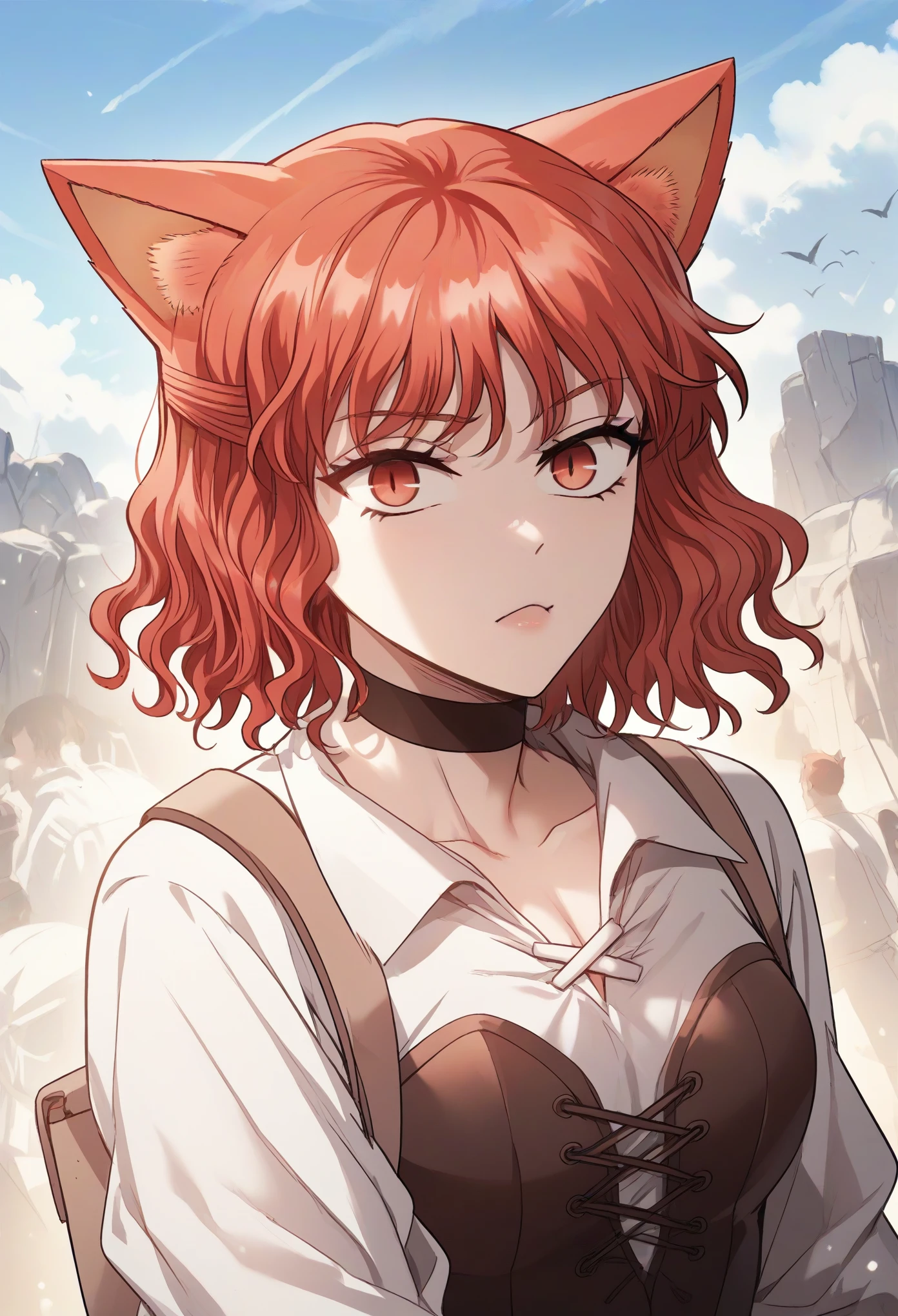 MisshaKarlstein, cat woman, red eyes, red hair, short hair, wavy hair, battle uniform