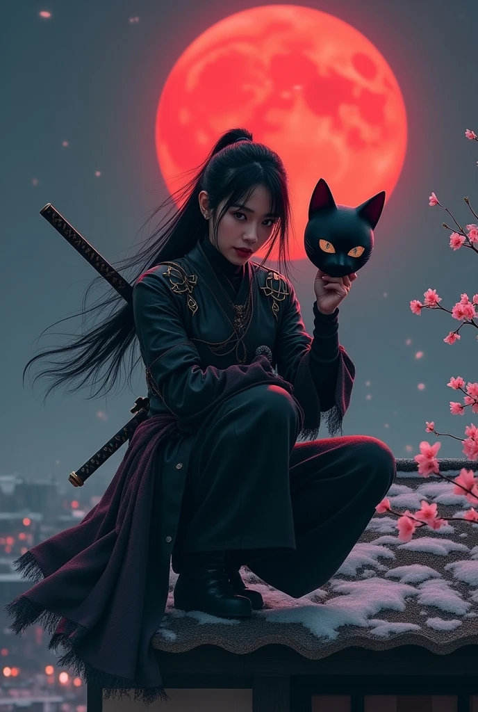 The action of a 30 year old Indonesian woman, black hair combed back, sitting squatting on the edge of the roof of a Japanese house, holding a white
cat-shaped mask, wearing a ninja costume, there is a blood stain effect on the costume. wearing iron armor complete with a large rope tied around his waist, long black trousers and tabi, there is a samurai sword placed on his back. his gaze is very sharp, the night atmosphere with the background of a large, bright red full moon adds to the drama of his narrative. atmosphere, flowers and cherry trees at night, hair blowing in the wind, cold, realistic details of a cold night scene realistic details of a cold night scene in a Japanese city