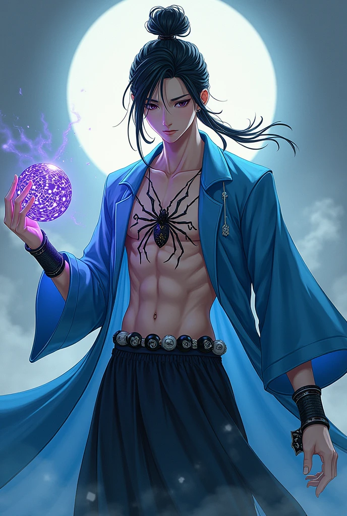 Asian eye, Samurai Bun for Asian Long Hairstyles for Men , inverted tangle body type, sky blue long jacket , 1.96 meters tall , long silk jacker grey sky blue , chest have danger spider tatto , in Waist have 4 balls look like black grey color one straight line between a ball , holding a web ball in left hand , Valorant charate , anime