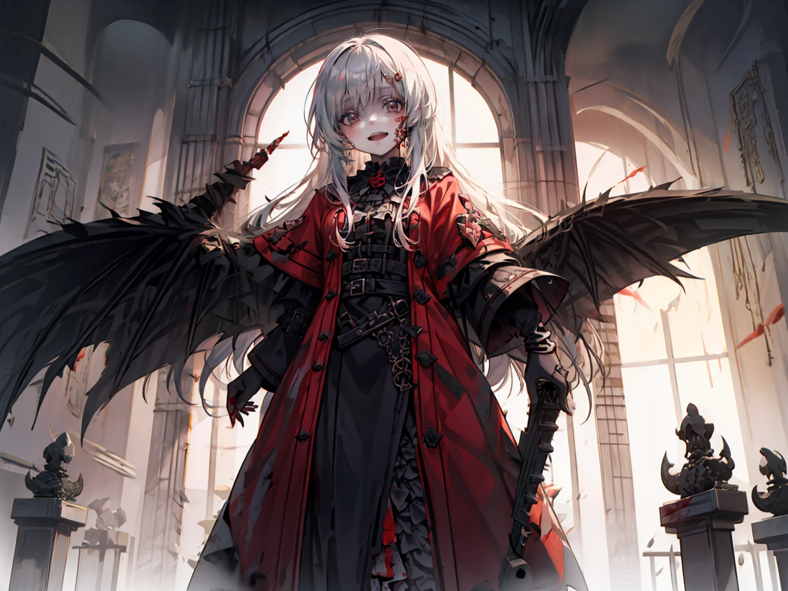 shaded face　、beautiful girl、とてもcute天使、Pink Gothic Fashion、cute、Baby Face、smile、Long skirt、Black long boots、.(Highest quality,4K,High resolution,masterpiece:1.2),Very detailed,Realistic:1.37,Spooky altar background,Dark fantasy,Red color scheme,Ominous atmosphere,Eye-catching,Storytelling,anatomy,Anime Style,Concept Art,beautiful細部までこだわった顔と (((Red eyes ))),A terrifying ritual ,Satanic Ritual,Premature death,inappropriate behavior,クレイジーなsmile,Scythe Face,Girl Monster, beautiful, Delicate facial features, Sharp Eye, Sharp Fangs, pale skin, Dark Background, Cinema Lighting, Dramatic Shadows, Gothic style, Gloomy atmosphere, Dark fantasy, one person&#39;s, Please open your mouth wide, Open your mouth and baring your teeth,Sharp teeth like a beast, Wide lips, very wide mouth, Vermilion cheeks, ,(Blood splatter:1.4),Scary smile, smile,Angel Design, Twisted smile、Bloody、bleeding from the head,,,,,、Blood splatter、,(Blood splatter:1.4),skull,Demon Spear,Horror Style, ((Fantasy Sweet Ta Frill Pink Costume)), ((Flowing blonde hair)), ,(Blood splatter:1.4),Female curves, Sexy flat stomach, Perfect hands, Perfect anime face, (Pink Tata Dress)), Are standing, ((邪悪なsmile)), ,(Blood splatter:1.4), Steam circulates, Moonlight Illumination, night lighting, (Blood splatter:1.6),アニメAngel Design, Twisted smile、Bloody、bleeding from the head,,,,,、Blood splatter、,(Blood splatter:1.4), skull,Gothic architecture、Western architecture、Fantasy World、,Victorian cities, Skeleton Gas Light,Absurd, High resolution、 ((Tabletop)), ((Highest quality)), (Very detailedな), ((Very detailed)), (beautiful), ((cute)), (NFSW:1.8), alone,(:1.6)、(world&#39;The most terrifying and creepy demon girl:1.5)beautiful face、Whole Body Ezbian、pale, beautiful肌、beautiful金の髪、優しくsmileむ、Dark building ruins、(snow white&#39;Frill dress:1.3)、(The dark ruins are stained with blood:1.3)、Low angle full body shot、(少女は血の海の中にAre standing:1.5)、(The ground is full of blood:1.3)、(The girl lost a lot of blood....:1.3)、(クレイジーなsmile:1.6)、Spirits、(Blood dripping from the mouth:1.3)、
