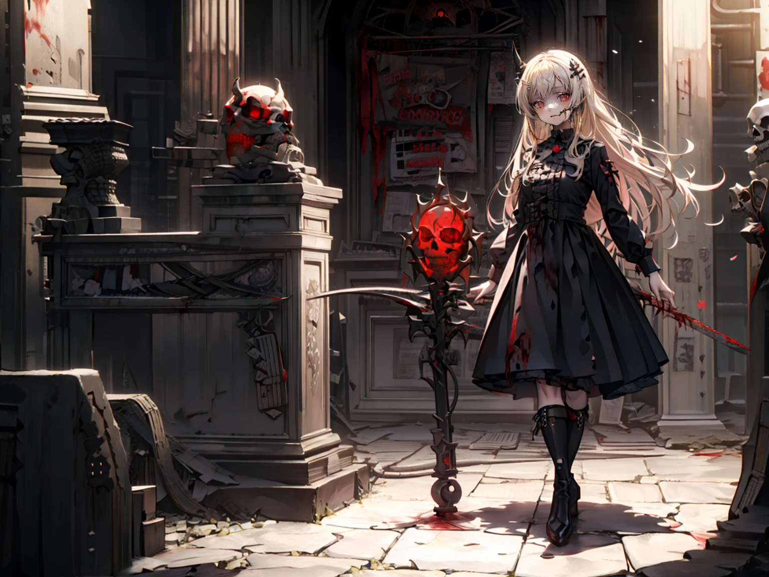 shaded face　、beautiful girl、とてもcute天使、Pink Gothic Fashion、cute、Baby Face、smile、Long skirt、Black long boots、.(Highest quality,4K,High resolution,masterpiece:1.2),Very detailed,Realistic:1.37,Spooky altar background,Dark fantasy,Red color scheme,Ominous atmosphere,Eye-catching,Storytelling,anatomy,Anime Style,Concept Art,beautiful細部までこだわった顔と (((Red eyes ))),A terrifying ritual ,Satanic Ritual,Premature death,inappropriate behavior,クレイジーなsmile,Scythe Face,Girl Monster, beautiful, Delicate facial features, Sharp Eye, Sharp Fangs, pale skin, Dark Background, Cinema Lighting, Dramatic Shadows, Gothic style, Gloomy atmosphere, Dark fantasy, one person&#39;s, Please open your mouth wide, Open your mouth and baring your teeth,Sharp teeth like a beast, Wide lips, very wide mouth, Vermilion cheeks, ,(Blood splatter:1.4),Scary smile, smile,Angel Design, Twisted smile、Bloody、bleeding from the head,,,,,、Blood splatter、,(Blood splatter:1.4),skull,Demon Spear,Horror Style, ((Fantasy Sweet Ta Frill Pink Costume)), ((Flowing blonde hair)), ,(Blood splatter:1.4),Female curves, Sexy flat stomach, Perfect hands, Perfect anime face, (Pink Tata Dress)), Are standing, ((邪悪なsmile)), ,(Blood splatter:1.4), Steam circulates, Moonlight Illumination, night lighting, (Blood splatter:1.6),アニメAngel Design, Twisted smile、Bloody、bleeding from the head,,,,,、Blood splatter、,(Blood splatter:1.4), skull,Gothic architecture、Western architecture、Fantasy World、,Victorian cities, Skeleton Gas Light,Absurd, High resolution、 ((Tabletop)), ((Highest quality)), (Very detailedな), ((Very detailed)), (beautiful), ((cute)), (NFSW:1.8), alone,(:1.6)、(world&#39;The most terrifying and creepy demon girl:1.5)beautiful face、Whole Body Ezbian、pale, beautiful肌、beautiful金の髪、優しくsmileむ、Dark building ruins、(snow white&#39;Frill dress:1.3)、(The dark ruins are stained with blood:1.3)、Low angle full body shot、(少女は血の海の中にAre standing:1.5)、(The ground is full of blood:1.3)、(The girl lost a lot of blood....:1.3)、(クレイジーなsmile:1.6)、Spirits、(Blood dripping from the mouth:1.3)、
