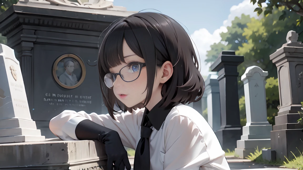 (very handsome: 1.2), 8 thousand, (masterpiece: 1.0), (best_quality: 1.0), 2 men, black hair, black-rimmed glasses, white shirt, black suit jacket, black tie, black gloves, Indifferent eyes, quiet temperament, handsomeness, and intricate details, enlarged texture, exquisite eyes and detailed face, tired eyes, equal eyes, Carolina eyes, 45-degree profile; man, black hair , white T-shirt, jeans, handsome eyes, lively temperament, handsomeness, and intricate details, enlarged texture, exquisite eyes and detailed face, equal eyes, Carolina eyes, the two are very close to each other , cemetery, cemetery, mausoleum, tombstone, long shot, long shot, depth of field, seven-head shot