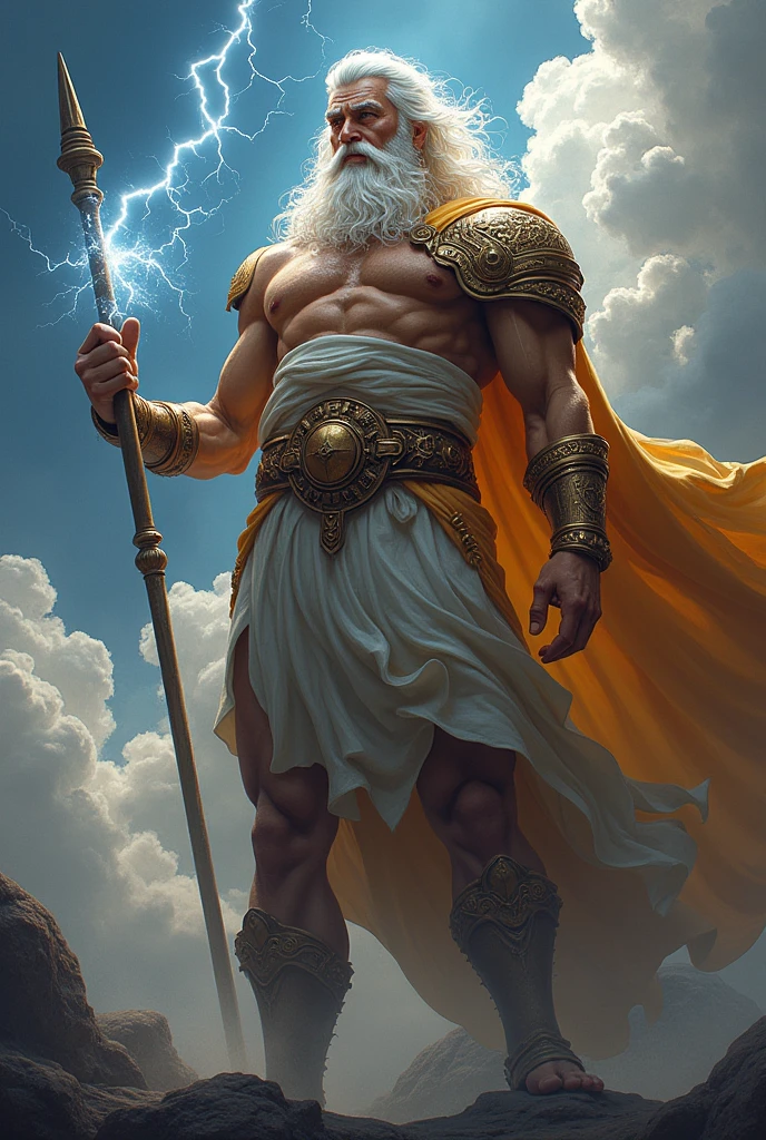 Greek God Element: Zeus – The king of the gods, symbolizing power, authority, and the sky. Depict Zeus holding a lightning bolt, his face fierce with determination. His flowing beard and intense eyes can add a sense of wisdom and dominance.