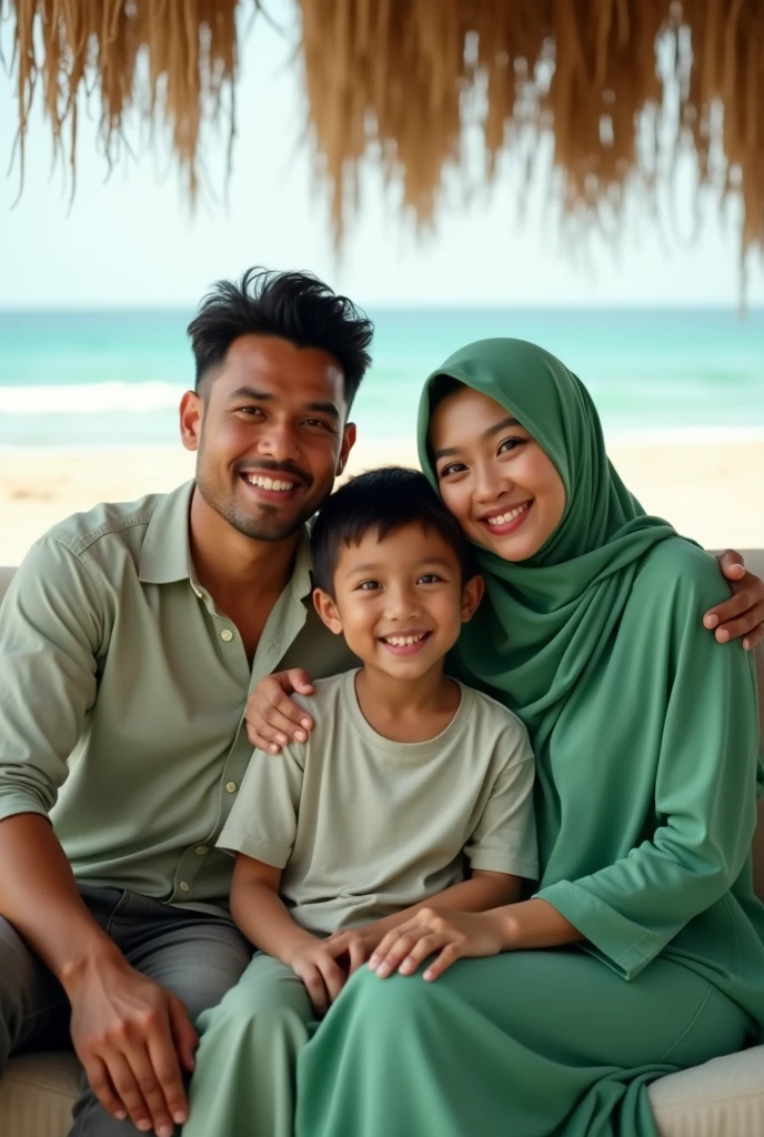 Indonesian family, husband age 25, 20 year old woman, boy, smile, facing the camera, green veil, sitting on the couch, beach background, original