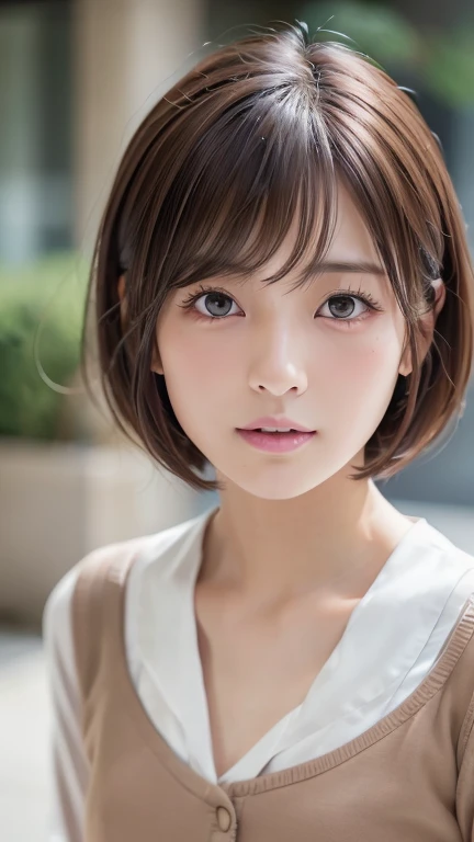 (8k, Photorealistic, RAW Photos, Best image quality: 1.4), Japanese girl、Short Bob、Super detailed face、Eye on the details、double eyelid、Sharp focus:1.2、Beautiful woman:1.4、Light brown hair、Highest quality、masterpiece、Ultra-high resolution、(Photorealistic:1.4)、Highly detailed and professionally lit smiles、school uniform、Shoulder out、blush、Open your mouth a little、