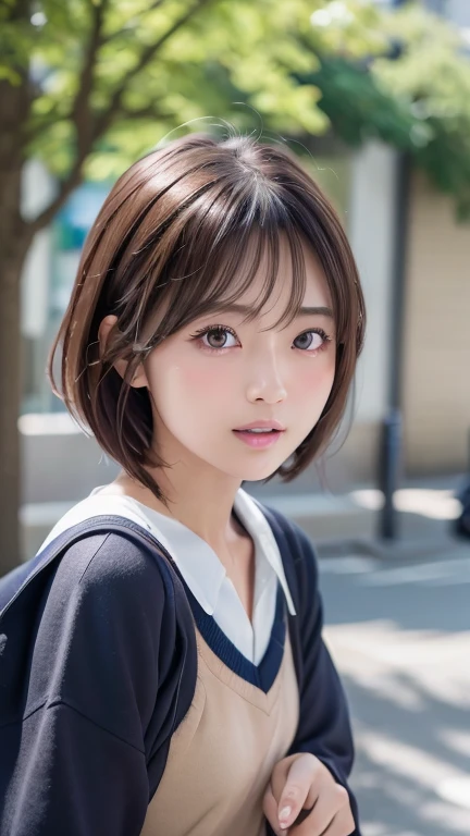 (8k, Photorealistic, RAW Photos, Best image quality: 1.4), Japanese schoolgirl、Short Bob、Super detailed face、Eye on the details、double eyelid、Sharp focus:1.2、Beautiful woman:1.4、Light brown hair、Highest quality、masterpiece、Ultra-high resolution、(Photorealistic:1.4)、Highly detailed and professionally lit smiles、school uniform、Shoulder out、blush、Open your mouth a little、