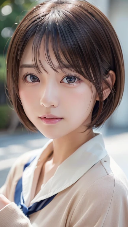 (8k, Photorealistic, RAW Photos, Best image quality: 1.4), Japanese schoolgirl、Short Bob、Super detailed face、Eye on the details、double eyelid、Sharp focus:1.2、Beautiful woman:1.4、Light brown hair、Highest quality、masterpiece、Ultra-high resolution、(Photorealistic:1.4)、Highly detailed and professionally lit smiles、school uniform、Shoulder out、blush、Open your mouth a little、