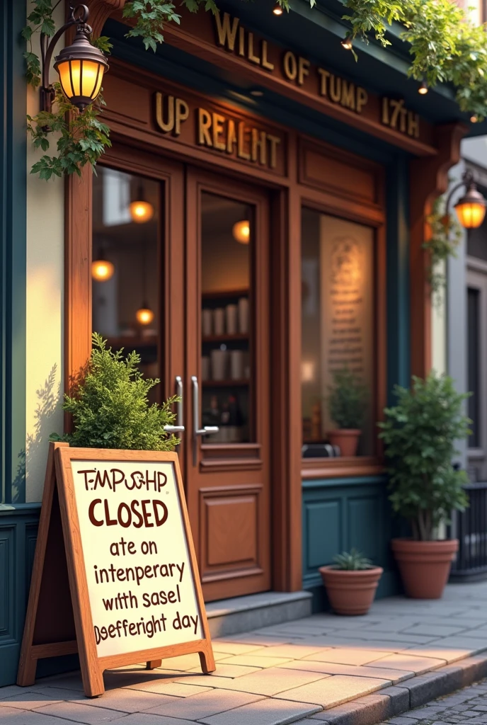 Create a closed coffee shop image written "Due to force majeure, we will not be working today. We will be back tomorrow with full force."