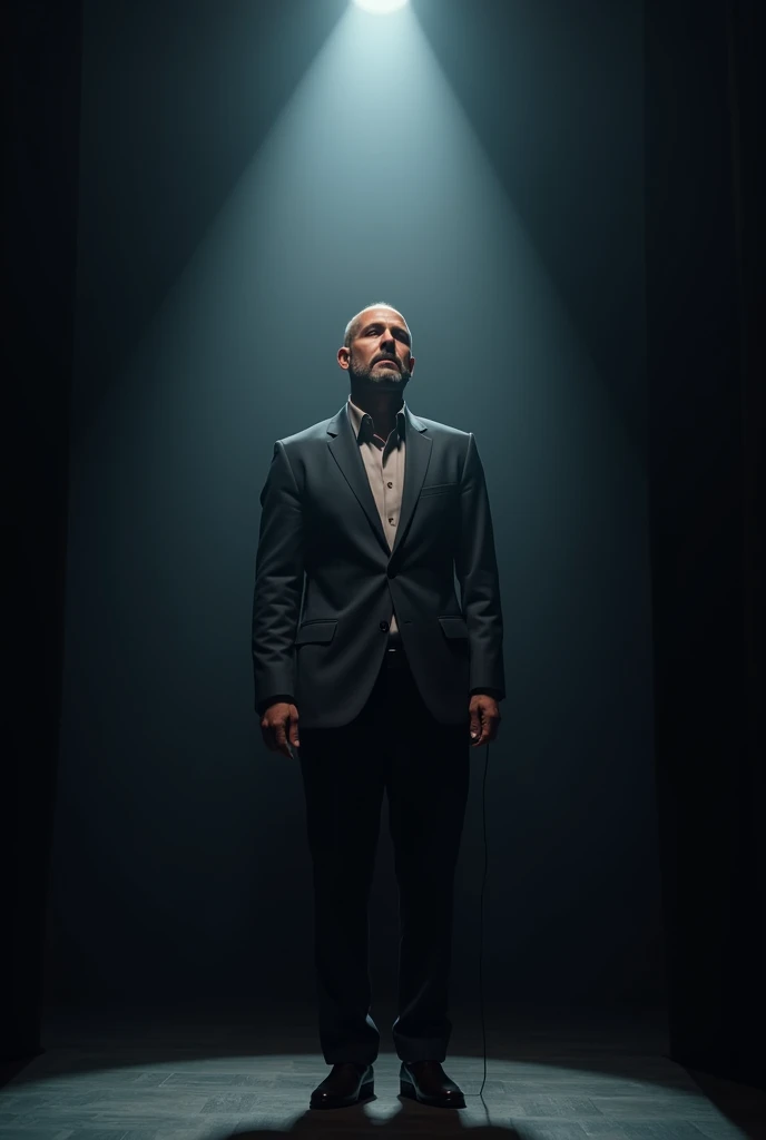 A mid 33 man with a neatly
trimmed beard, dressed in a slim-fit
suit, performing a dramatic
monologue on a theater stage under
a spotlight.