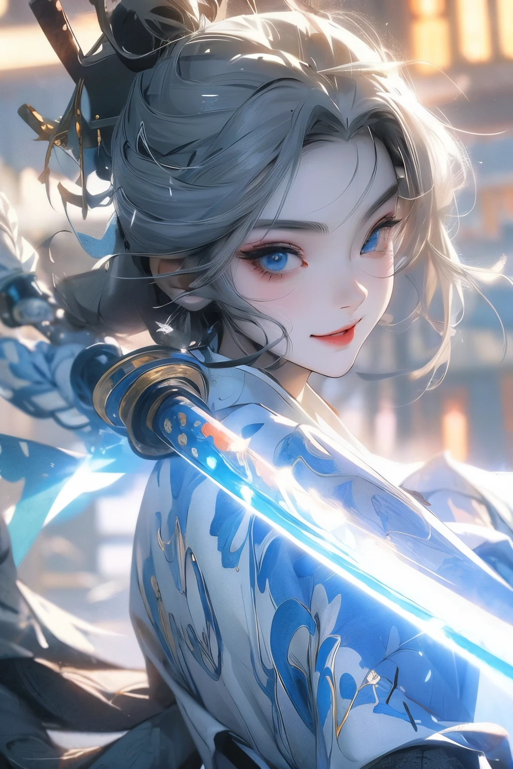 Anime girl, gray hair, blue eyes, sharp features, holding katana, smiling, partial makeup, white kimono