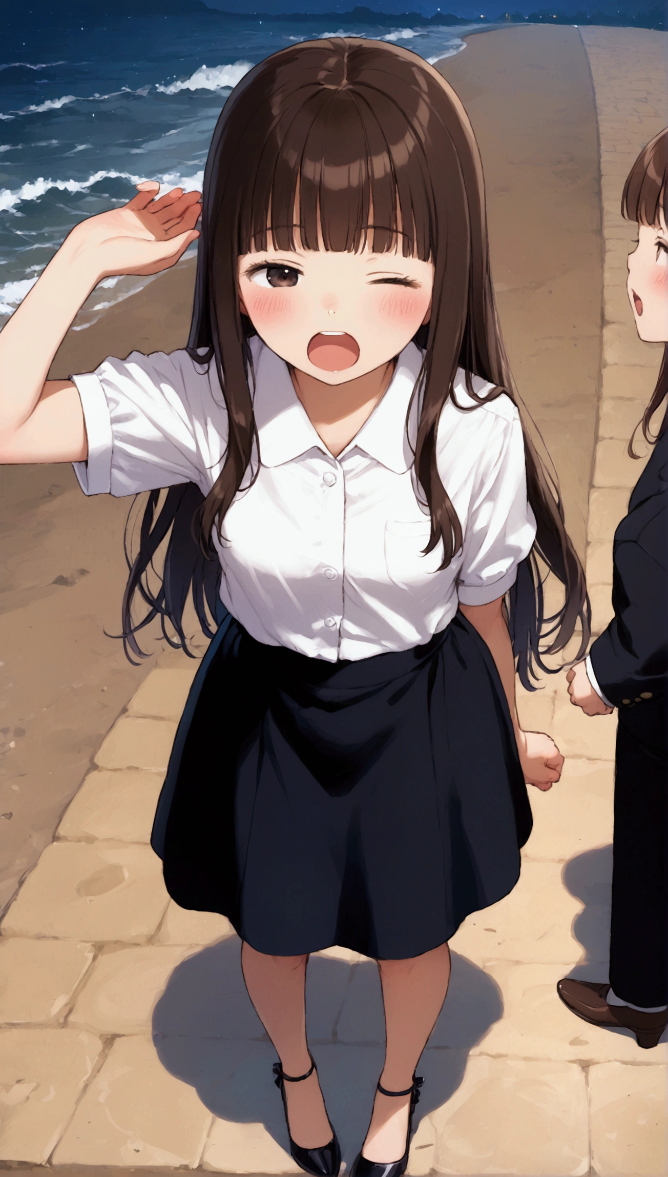 {Highest quality}, {so beautiful},{Ultra-fine},{Best illustrations},Brown Hair,Hime cut,Long Hair,Braiding,One Woman,Standing woman,Strike a Pose,Adult female,smile,Ecstasy face,Wink,OL,suit,White Shirt,Short sleeve,black straight skirt,Night Festival,blush,thin,Black stiletto heels,From above,Woman with legs closed,Wave with one hand