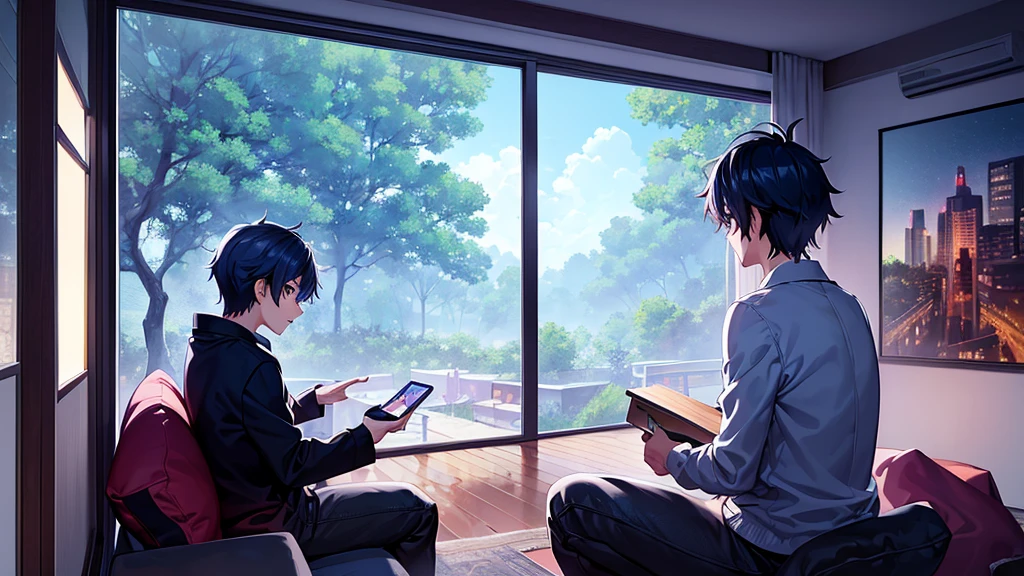 there is a man sitting on a couch in a living room and looking at the window, the anime apartment, anime apartment, small anime bedroom at night, calm night. digital illustration, relaxing concept art, anime ager bedroom, stylized urban fantasy artwork, mood painting, inspired by Liam Wong, anime forest outside, anime art style, zoomed pic ,