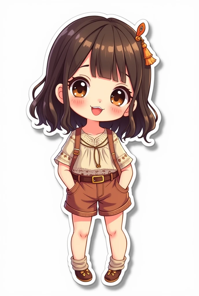 high quality, cute stickers, style cartoon, white border, cute Super Deformed Character, colorful, Detailed illustration of a woman with her hands in her pockets in a bohemian style outfit, by yukisakura, awesome full color,