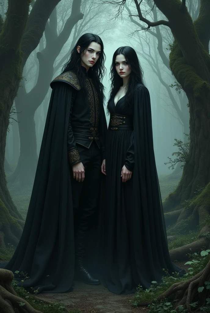 make two twin brothers, a girl and a boy, they are .
black hair, black eyes pale white skin, she wears a black dress, and he wears black period men's clothing, they need to be intimidating
They are two wizards from the Middle Ages, they are in a medieval forest 