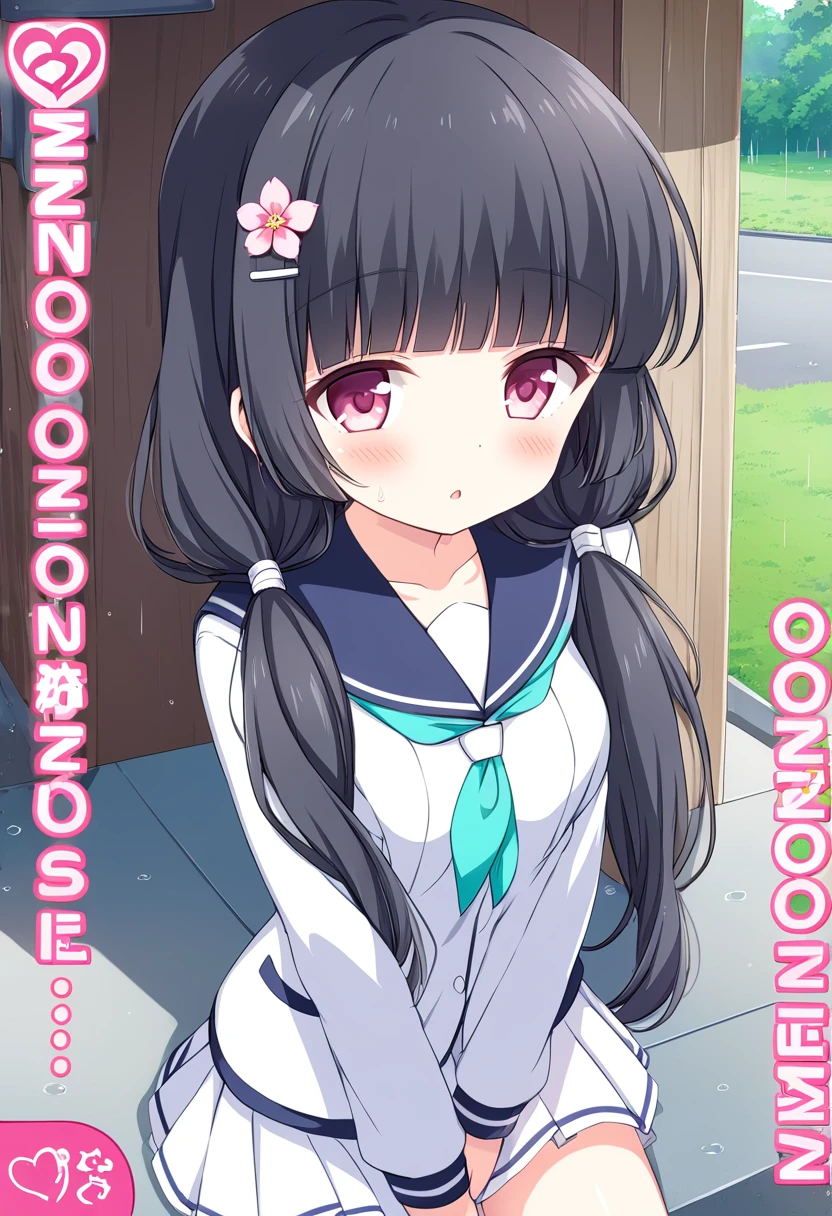 nsfw,nsfw,((womanを一人だけ描く))、(Alone Girl)、(1woman)、MORIZONOMEI, BLACK HAIR, HAIR FLOWER, HAIRCLIP, BLUNT BANGS, LOW TWINTAILS, HAIR OVER SHOULDER, LONG HAIR, PINK EYES,high resolution、anime、Alone and pure,White, fine-grained skin,Small Mouth, 美しい日本のwoman, , Bus stop in the countryside、Sheltering from the Rain、school uniform、Sailor suit、The jacket is white、The skirt is black、White, fine-grained skin,Small Mouth, 美しい日本のwoman, , Neat underwear、White underwear、Smaller breasts、Beautiful breasts、Wet with rain、(The jacket is transparent)、(Underwear is visible)