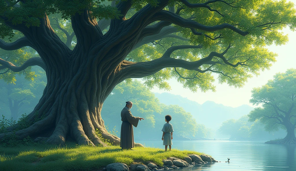 A large, majestic oak tree stands tall near the pond, its roots firmly anchored in the ground. The tree's thick trunk and wide-reaching branches have endured many seasons, symbolizing resilience and stability. Master Koji points toward the oak tree, his face calm and wise, while Hiro looks on with curiosity and reflection. The sunlight filters through the tree's leaves, casting dappled shadows on the ground, adding to the scene's sense of timeless wisdom."