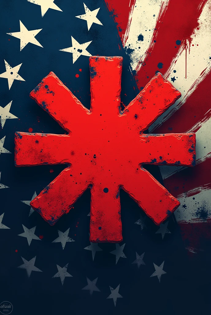 "Create a logo for the music band 'Red Hot Chili Peppers' that incorporates American political themes. The design should feature bold and dynamic elements to reflect the band's energetic and rebellious style. Include a variation of the iconic red asterisk, but blend it with subtle hints of American political imagery, such as abstract representations of the U.S. flag, stars, or stripes. The color scheme should primarily use red, white, and blue to emphasize the American theme, while maintaining a rock-and-roll aesthetic. The overall design should be visually striking and easily recognizable as a modern take on the band's identity with a political twist."