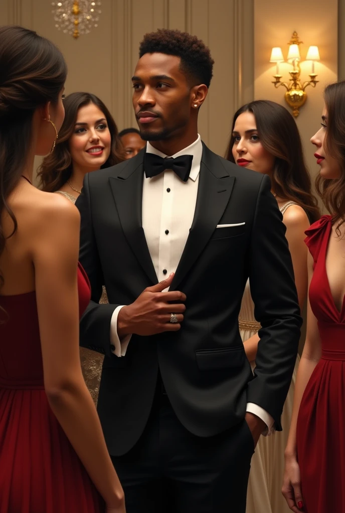 Realistic masterpiece by Marcus Johnson, 3 men elegant young African-American man, surrounded by guests at a charity gala in a luxury hotel. Dressed in a tailored tuxedo that subtly hugs his athletic figure, he stands out in a crowd. 3 woman with dresses on classy elegant The soft light highlights his golden complexion and hazel eyes, while he engages in conversation with charm and ease. His warm smile and attentive listening make him the center of attention, reflecting his ease in social interactions and his appreciation for enriching encounters.