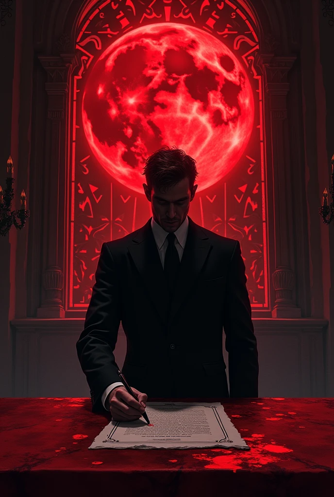 a blood-colored moon reflects through the windows, inside an old chapel with altar, first person perspective of man in suit signing a contract in blood