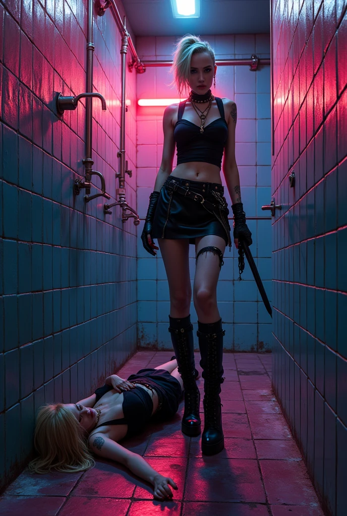 Beautiful bald girl in punk clothes and a satin skirt in high boots and torn stockings with a drunk blonde girl in a neon club on the floor in the toilet