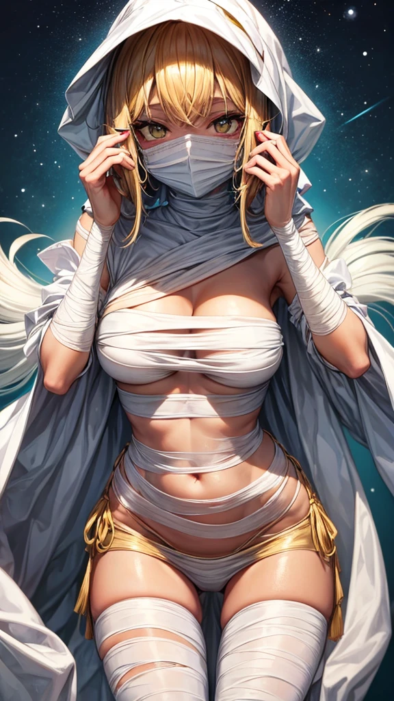 High quality, monster girl, mummy, bandages all over the body:1.2, wrapped up, face hidden, flaky skin, sexy,