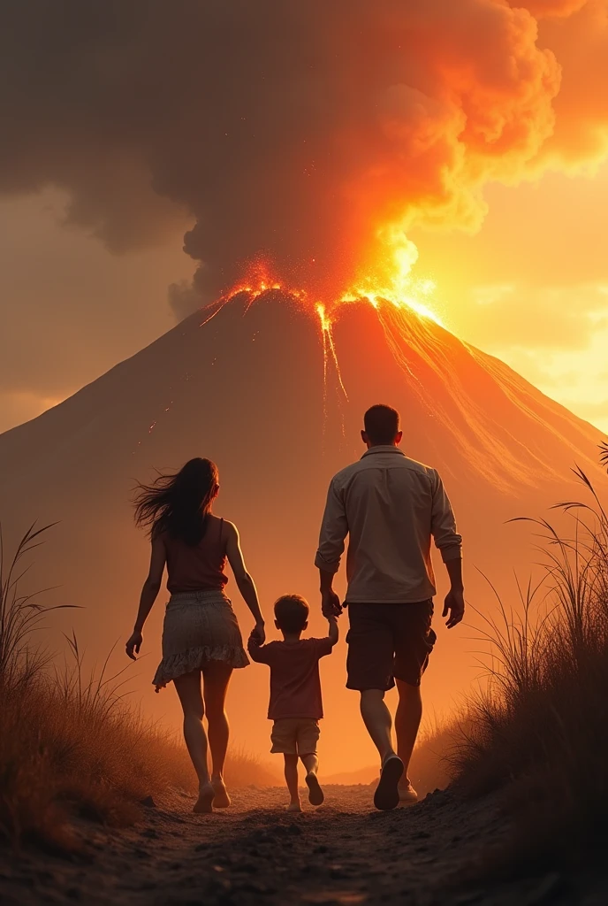 family running away from a volcano