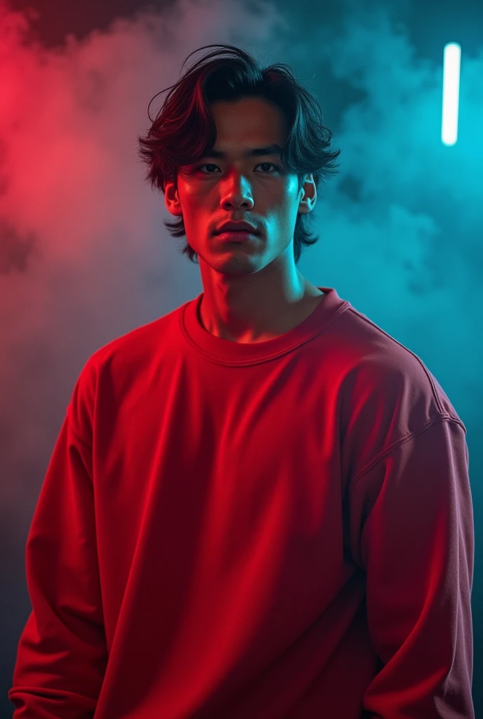 A good looking handsome guy in a red sweatshirt and black long man hair, good looking, Red and blue smoke background