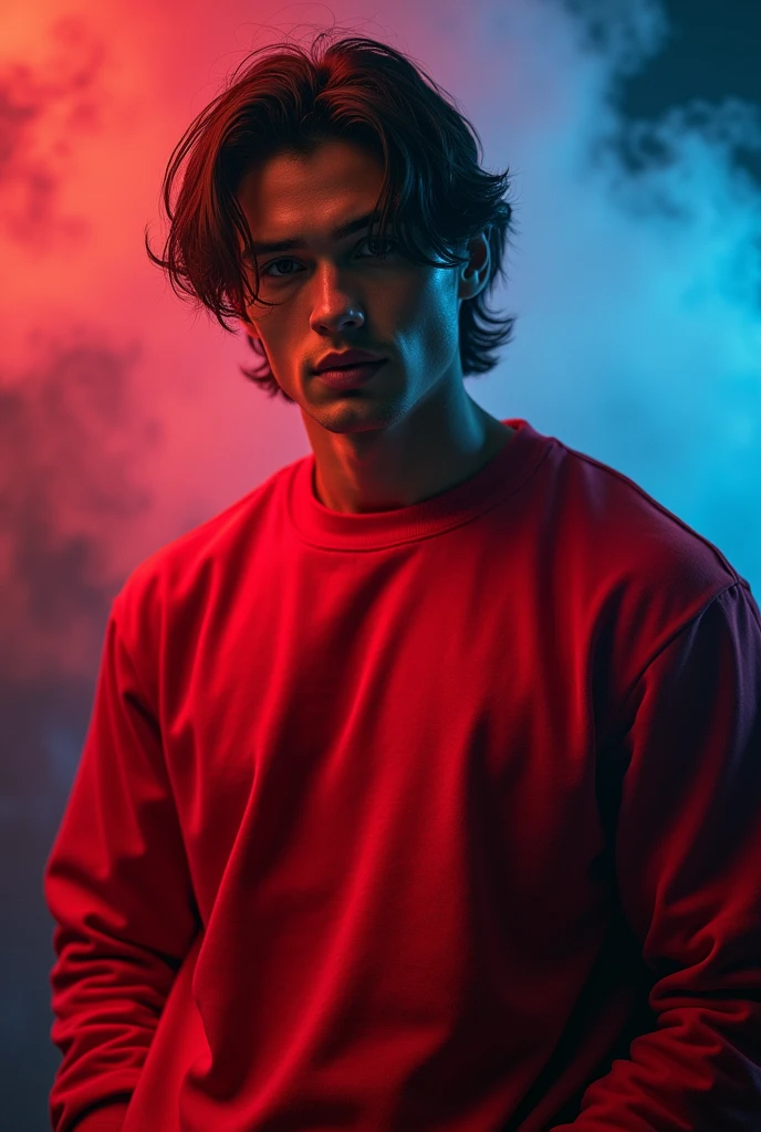 A good looking handsome guy in a red sweatshirt and black long man hair, good looking, Red and blue smoke background