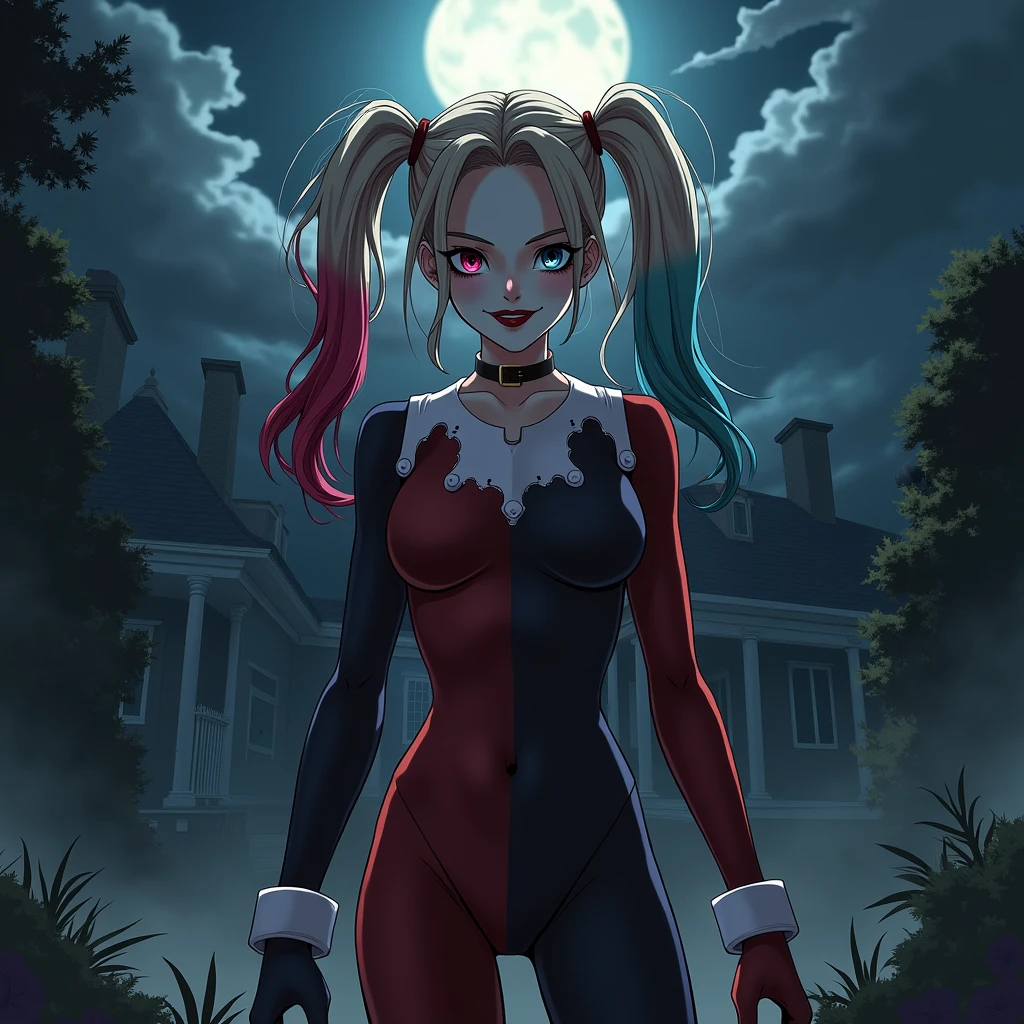 Harley quinn with joker dark aesthetic background at night in villa in anime version
