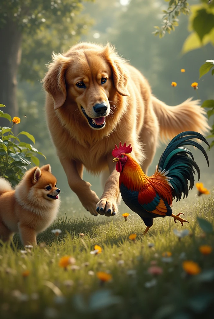 a GOLDEN RETRIEVER dog and a small bantam rooster fighting with a POMERANIAN dog,