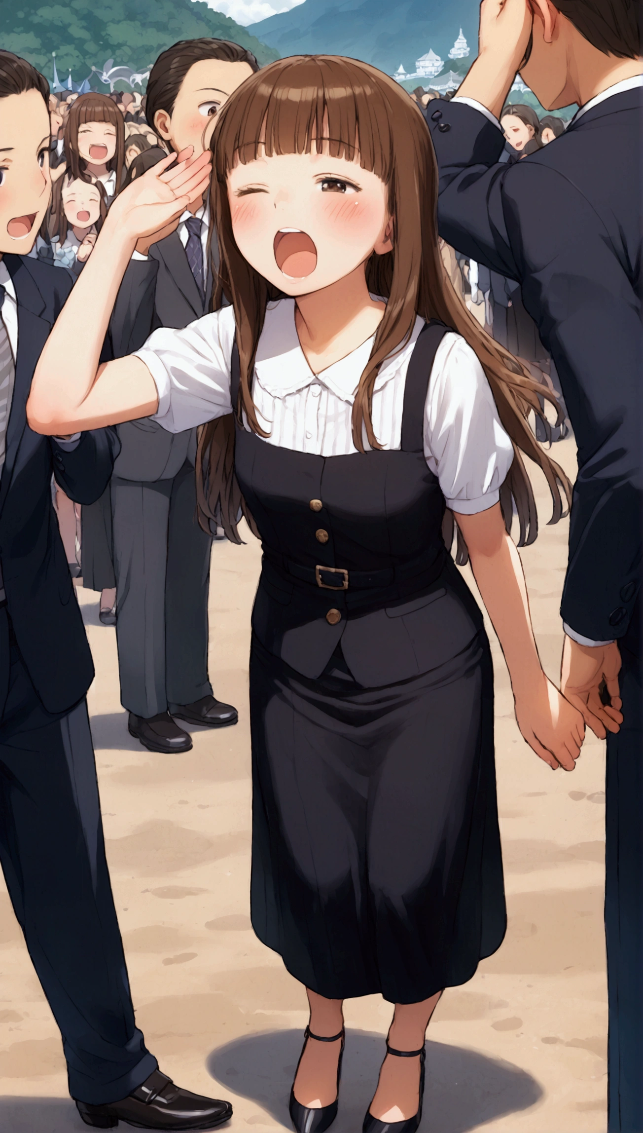 {Highest quality}, {so beautiful},{Ultra-fine},{Best illustrations},Brown Hair,Hime cut,Long Hair,Braiding,One Woman,Standing woman,Strike a Pose,Adult female,Yawn,Open your mouth wide,Wink,OL,suit,White Shirt,Short sleeve,Black straight long skirt,Night Festival,blush,thin,Black stiletto heels,From above,Woman with legs closed,Wave with one hand