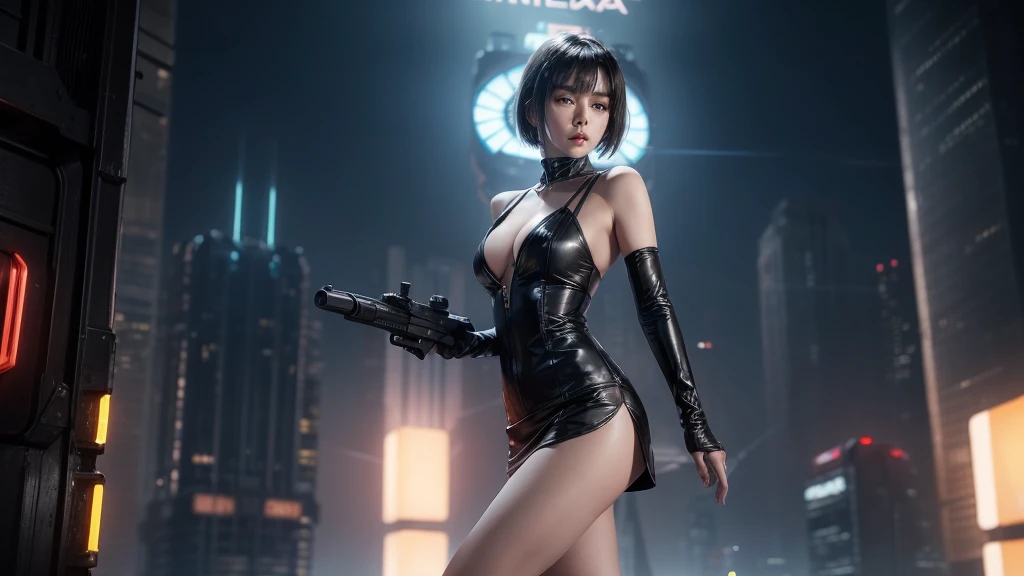 (Wide angle view). Blade Runner style futuristic city, simple outlined transparent neon tall buildings, glowing giant clock tower, flying cars, helicopter, lightning, 3D rendering Beeple. At night, (1girl, solo, alone), photorealistic, medium-breast slim:0.6 body, oval:0.6 face, cleavage:1.1, sexy black laced bra, glove, deep-V, (very low angle view of miniskirt), white laced panty, coat, (Matrix style black micro sunglasses), ((aiming viewer with a short gun)), (running pose), (half-body thigh level close-up shot), cinematic lighting, ray tracing.
